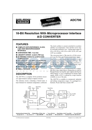 ADC700 datasheet - 16-Bit Resolution With Microprocessor Interface A/D CONVERTER