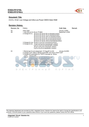 IC62LV51216L-70B datasheet - 512 K x 16 bit Low Voltage and Ultra Low Power CMOS Static RAM