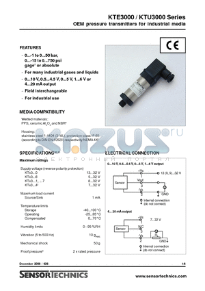 KTU3005GQ1 datasheet - OEM pressure transmitters for industrial media