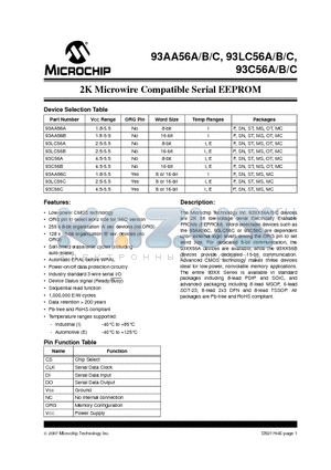 93AA56A-E/MC datasheet - 2K Microwire Compatible Serial EEPROM