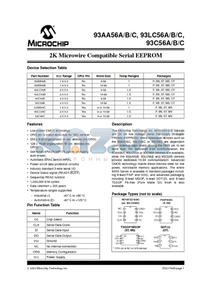 93AA56AE/OT datasheet - 2K Microwire Compatible Serial EEPROM