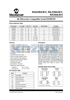 93AA56AE/OTG datasheet - 2K Microwire Compatible Serial EEPROM