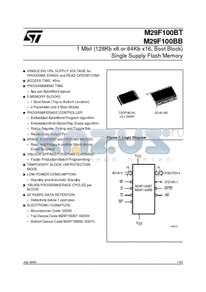 M29F100BB-120M3T datasheet - 1 Mbit 128Kb x8 or 64Kb x16, Boot Block Single Supply Flash Memory