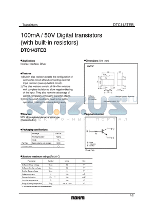DTC143TEB datasheet - 100mA / 50V Digital transistors (with built-in resistors)