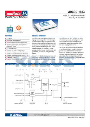 ADCDS-1603-C datasheet - 16-Bit, 2.3 Megapixels/Second CCD Signal Processor