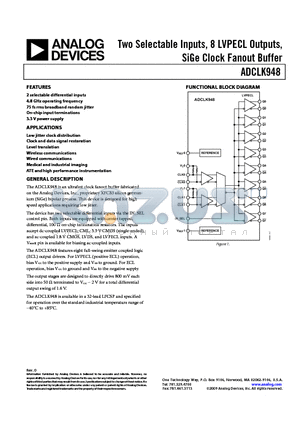 ADCLK948/PCBZ datasheet - Two Selectable Inputs, 8 LVPECL Outputs, SiGe Clock Fanout Buffer
