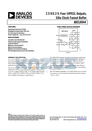 ADCLK944/PCBZ datasheet - 2.5 V/3.3 V, Four LVPECL Outputs, SiGe Clock Fanout Buffer