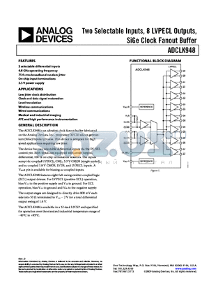 ADCLK948BCPZ-REEL7 datasheet - Two Selectable Inputs, 8 LVPECL Outputs, SiGe Clock Fanout Buffer