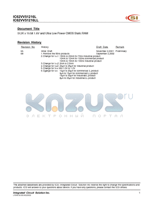 IC62VV51216LL-100T datasheet - 512K x 16 bit 1.8V and Ultra Low Power CMOS Static RAM