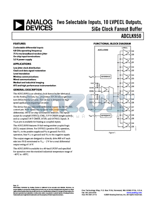 ADCLK950BCPZ datasheet - Two Selectable Inputs, 10 LVPECL Outputs, SiGe Clock Fanout Buffer