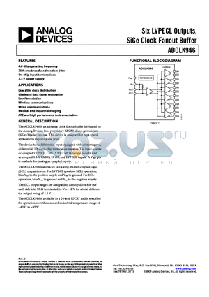 ADCLK946BCPZ-REEL7 datasheet - Six LVPECL Outputs, SiGe Clock Fanout Buffer