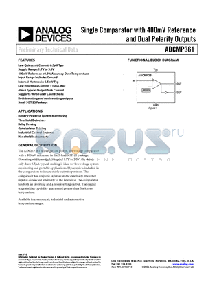 ADCMP361 datasheet - Single Comparator with 400mV Reference and Dual Polarity Outputs