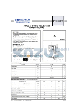 DTC143XKA datasheet - SOT-23-3L DIGITAL TRANSISTORS TRANSISTOR (NPN)