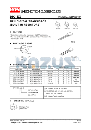 DTC143XL-T92-R datasheet - NPN DIGITAL TRANSISTOR BUILT-IN RESISTORS)