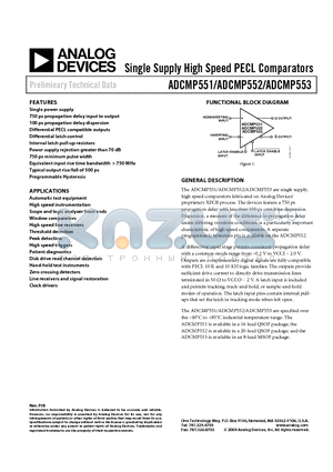 ADCMP552 datasheet - Single Supply High Speed PECL Comparators