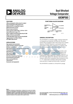 ADCMP565 datasheet - Dual Ultrafast Voltage Comparator