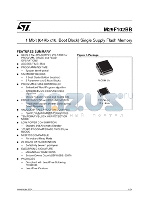 M29F102BB35N1T datasheet - 1 Mbit 64Kb x16, Boot Block Single Supply Flash Memory