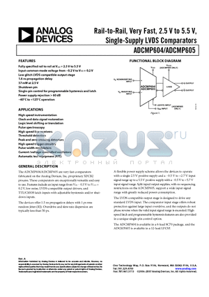 ADCMP605BCPZ-R2 datasheet - Rail-to-Rail, Very Fast, 2.5 V to 5.5 V, Single-Supply LVDS Comparators
