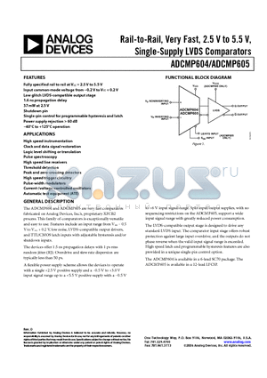 ADCMP604BKSZ-REEL71 datasheet - Rail-to-Rail, Very Fast, 2.5 V to 5.5 V, Single-Supply LVDS Comparators