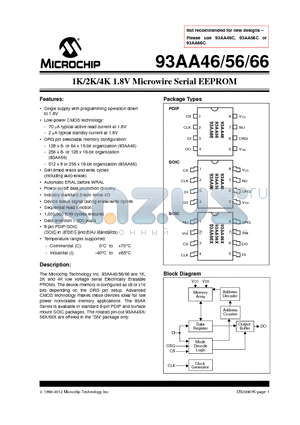 93AA66 datasheet - 1K/2K/4K 1.8V Microwire Serial EEPROM