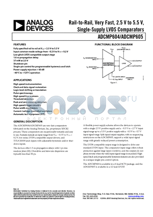 ADCMP605BCPZ-WP datasheet - Rail-to-Rail, Very Fast, 2.5 V to 5.5 V, Single-Supply LVDS Comparators