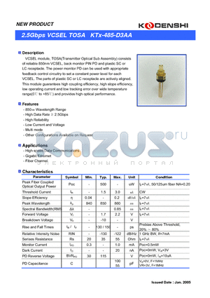 KTX-485-D3AA datasheet - 2.5Gbps VCSEL TOSA