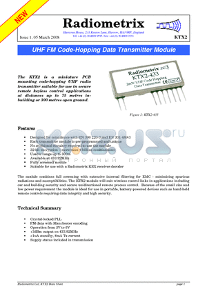 KTX2-433 datasheet - UHF FM Code-Hopping Data Transmitter Module