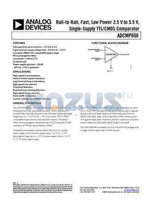 ADCMP608_07 datasheet - Rail-to-Rail, Fast, Low Power 2.5 V to 5.5 V, Single-Supply TTL/CMOS Comparator