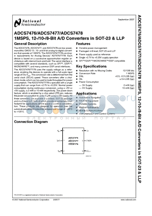 ADCS7476 datasheet - 1MSPS, 12-/10-/8-Bit A/D Converters in SOT-23 & LLP