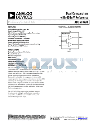 ADCMP670 datasheet - Dual Comparators with 400mV Reference
