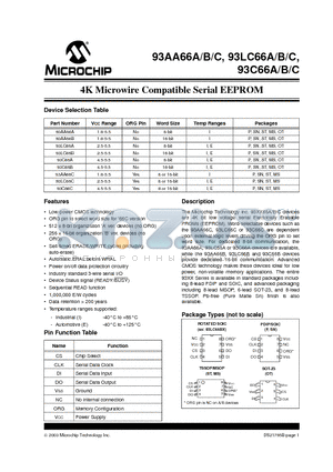 93AA66AIPG datasheet - 4K Microwire Compatible Serial EEPROM