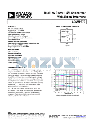ADCMP670 datasheet - Dual Low Power 1.5% Comparator With 400 mV Reference