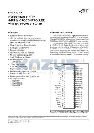 IC89C52A-24PQ datasheet - CMOS SINGLE CHIP 8-BIT MICROCONTROLLER with 8(4)-Kbytes of FLASH
