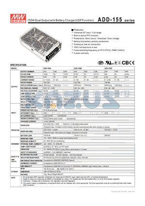 ADD-155 datasheet - 155W Dual Output with Battery Charger(USP Function)