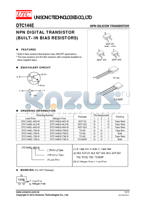 DTC144EG-AN3-R datasheet - NPN DIGITAL TRANSISTOR (BUILT- IN BIAS RESISTORS)