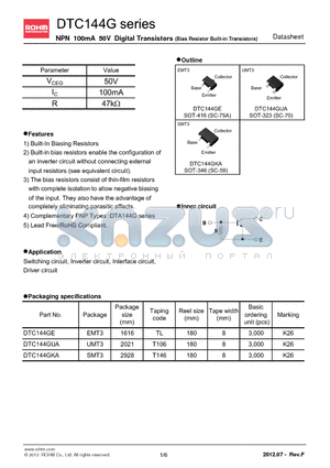 DTC144GUAT106 datasheet - NPN 100mA 50V Digital Transistors