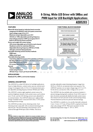 ADD5203 datasheet - 8-String,White LED Driver with SMBus and PWM Input for LCD Backlight Applications