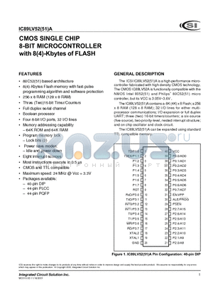IC89LV52A-12W datasheet - CMOS SINGLE CHIP 8-BIT MICROCONTROLLER with 8(4)-Kbytes of FLASH
