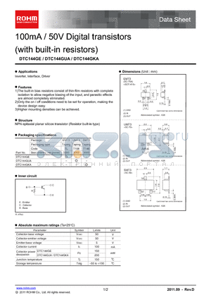 DTC144GUA datasheet - 100mA / 50V Digital transistors(with built-in resistors)