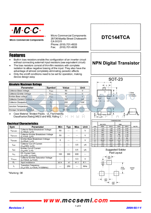 DTC144TCA datasheet - NPN Digital Transistor
