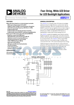 ADD5211ACPZ-RL datasheet - Four-String, White LED Driver for LCD Backlight Applications