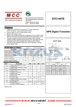 DTC144TE datasheet - NPN Digital Transistor