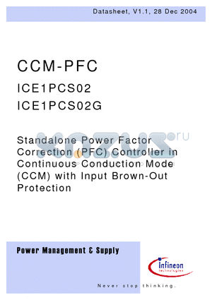 ICE1PCS02 datasheet - Standalone Power Factor Correction (PFC) Controller in Continuous Conduction Mode (CCM) with Input Brown-Out Protection