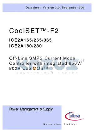 ICE2A165 datasheet - Off-Line SMPS Current Mode Controller with integrated 650V/800V CoolMOS