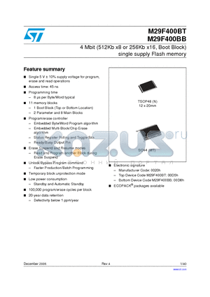 M29F400BB45M1 datasheet - 4 Mbit (512Kb x8 or 256Kb x16, Boot Block) single supply Flash memory
