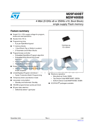 M29F400BB45M1F datasheet - 4 Mbit (512Kb x8 or 256Kb x16, Boot Block) single supply Flash memory