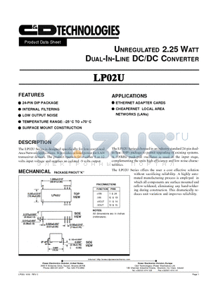 LP02U12S09 datasheet - UNREGULATED 2.25 WATT DUAL-IN-LINE DC/DC CONVERTER