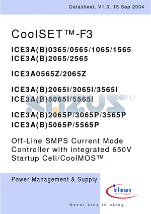 ICE3A3565I datasheet - Off-Line SMPS Current Mode Controller with integrated 650V Startup Cell/CoolMOS