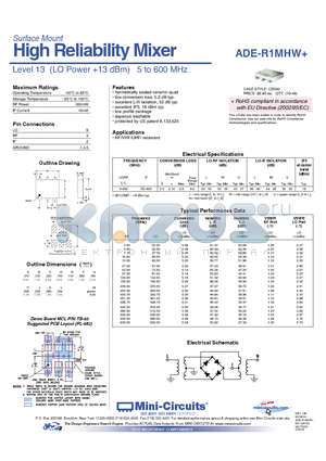 ADE-R1MHW datasheet - High Reliability Mixer Level 13 (LO Power 13 dBm) 5 to 600 MHz