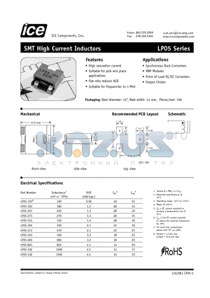 LP05-102 datasheet - SMT High Current Inductors